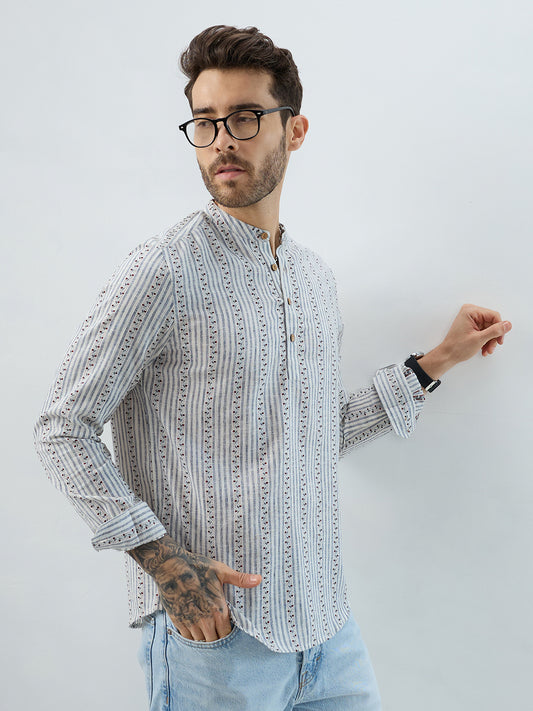 Coastal Mist Linen Blend Striped Kurta