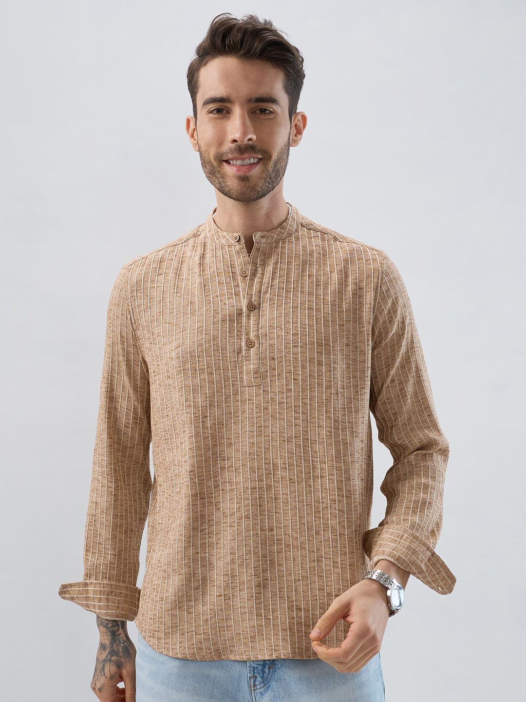 Sand Beige Textured Striped Kurta