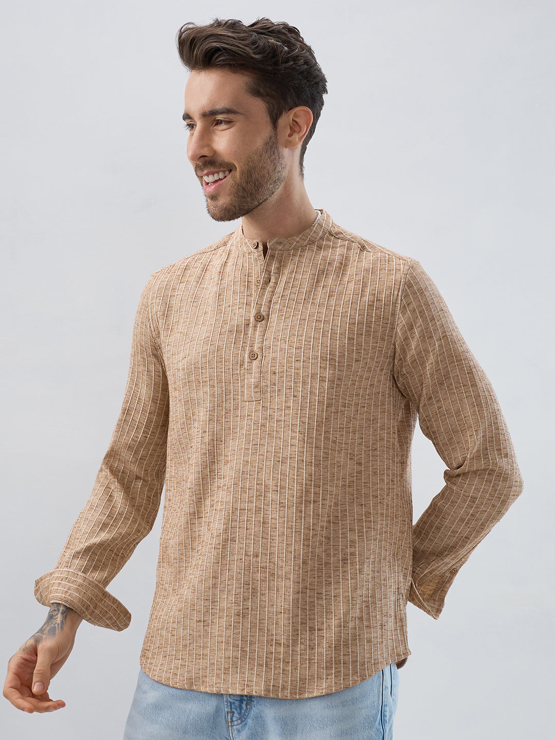 Sand Beige Textured Striped Kurta