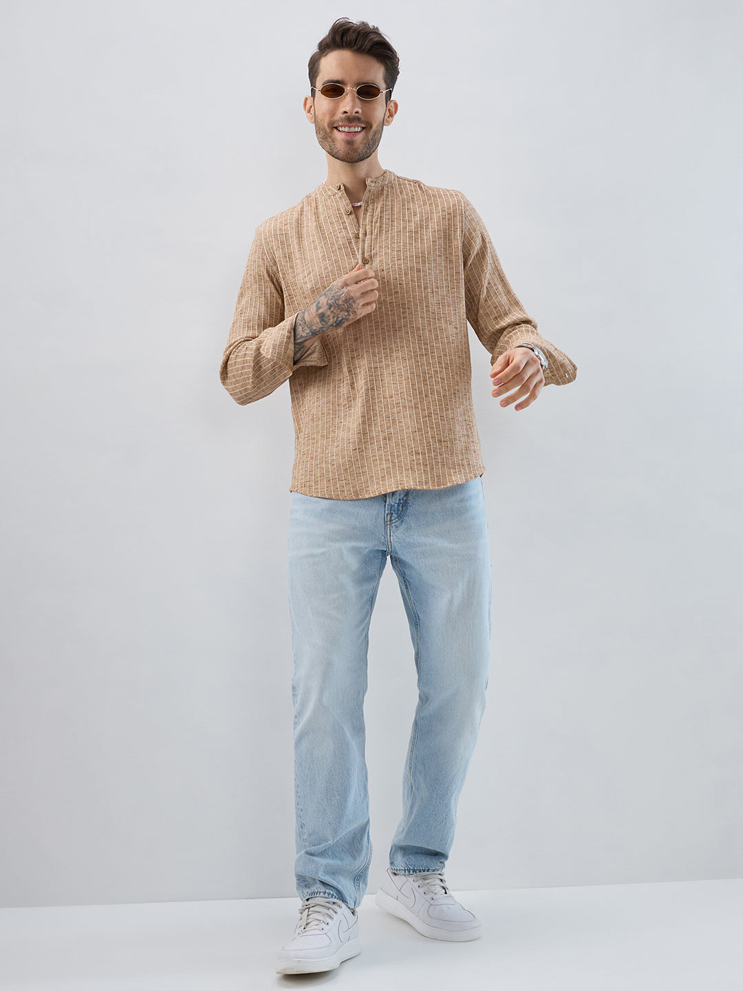 Sand Beige Textured Striped Kurta