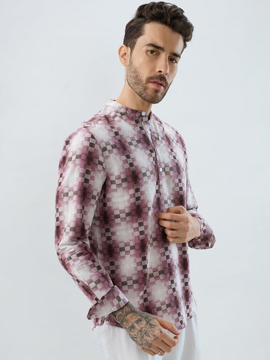 Turkish Rose Pink Pixel Block Checks Kurta