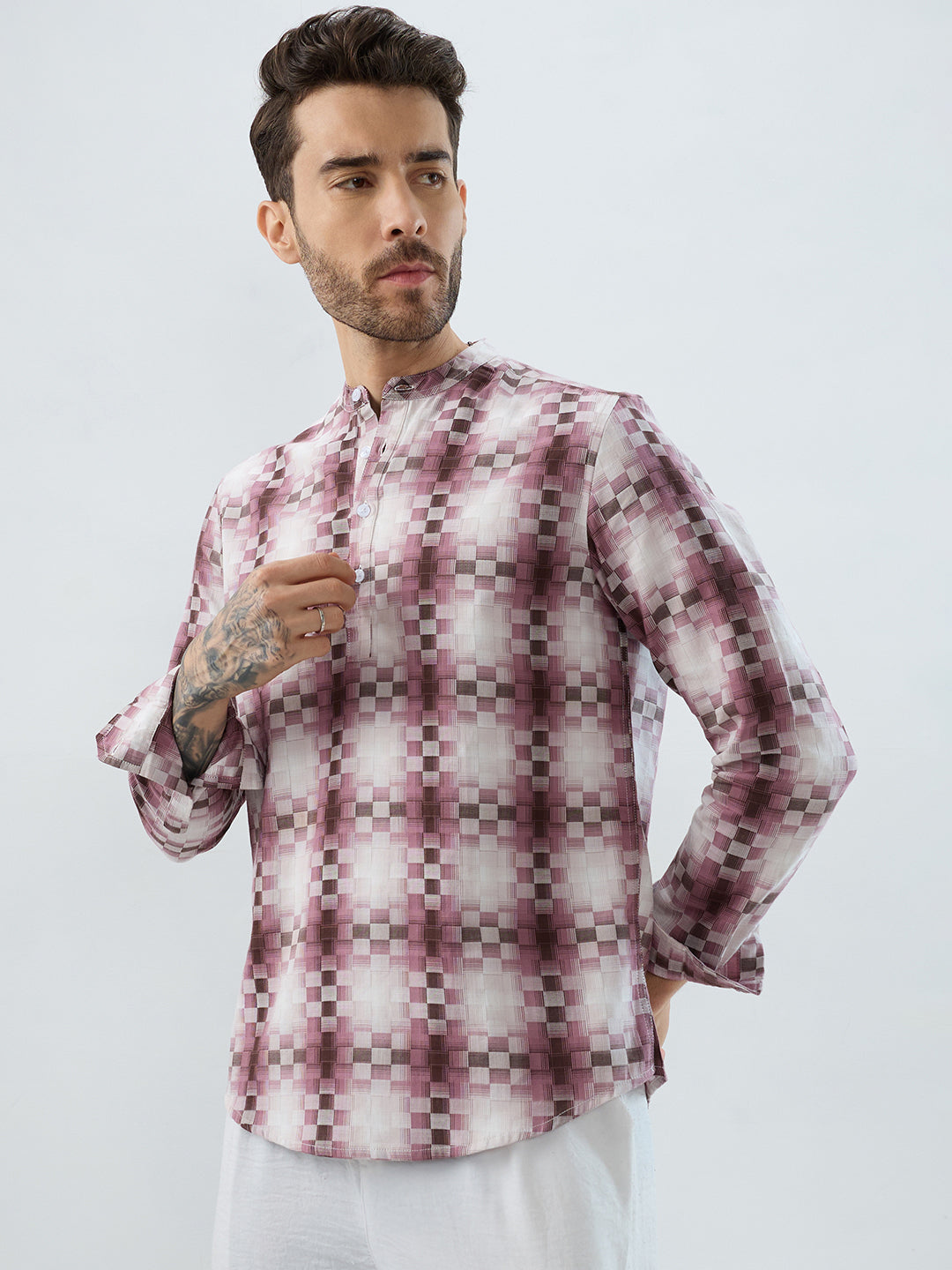 Turkish Rose Pink Pixel Block Checks Kurta