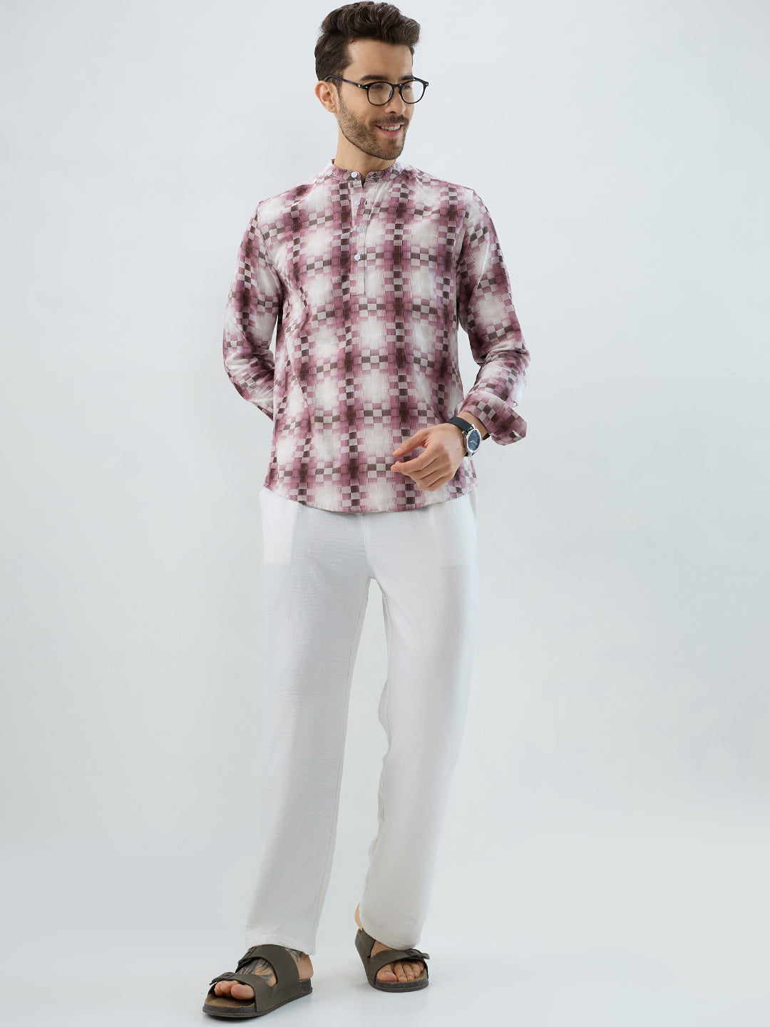 Turkish Rose Pink Pixel Block Checks Kurta