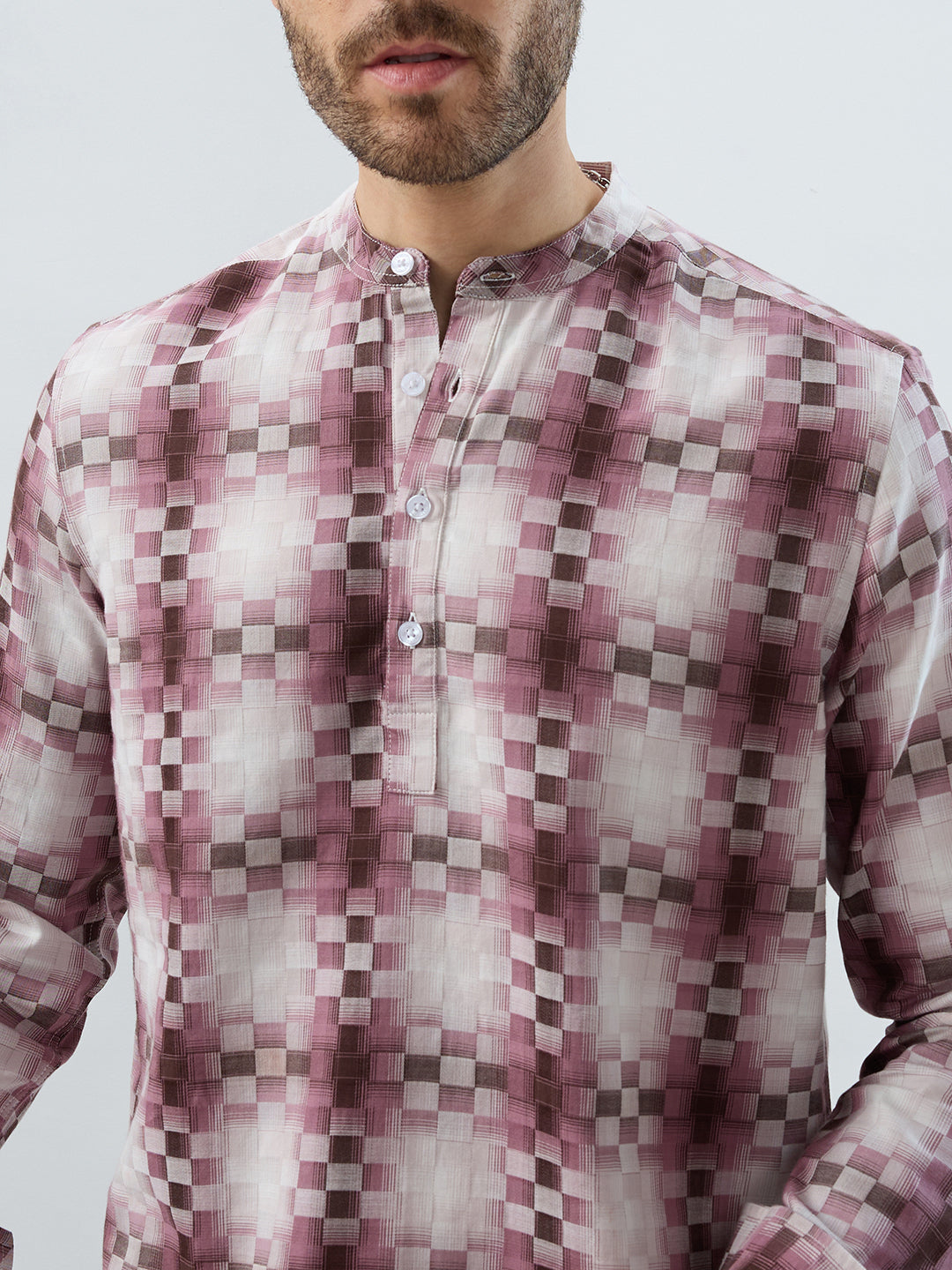 Turkish Rose Pink Pixel Block Checks Kurta