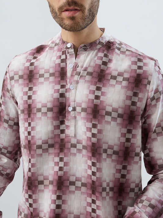 Turkish Rose Pink Pixel Block Checks Kurta