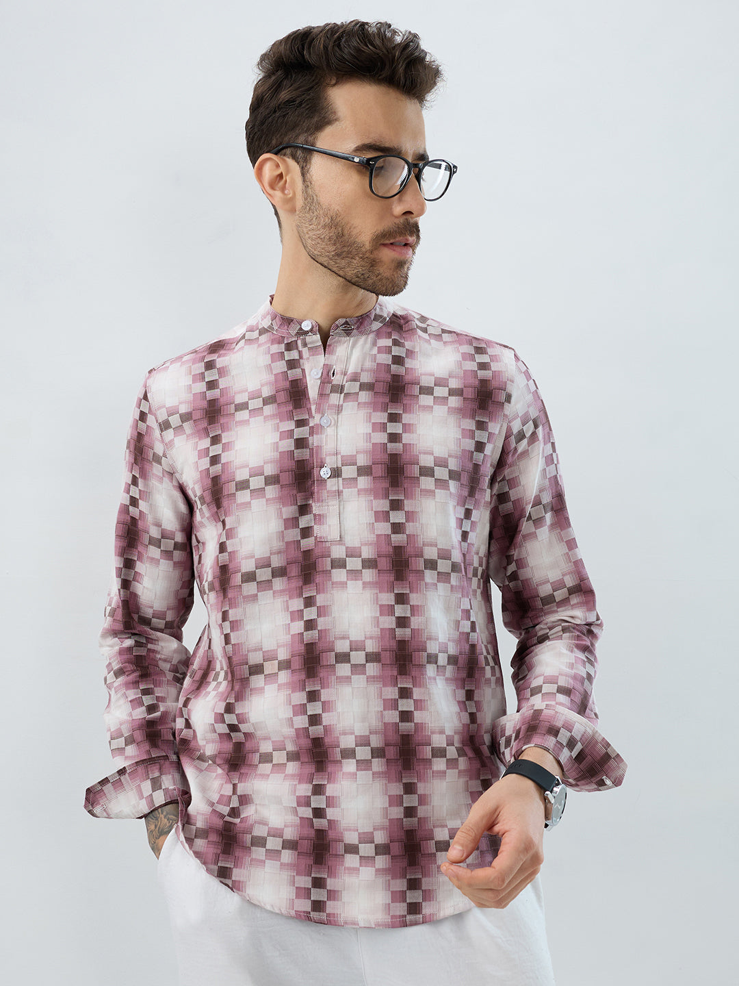 Turkish Rose Pink Pixel Block Checks Kurta