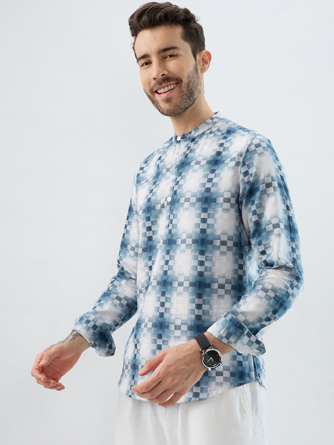 Teal Pixel Block Checks Kurta