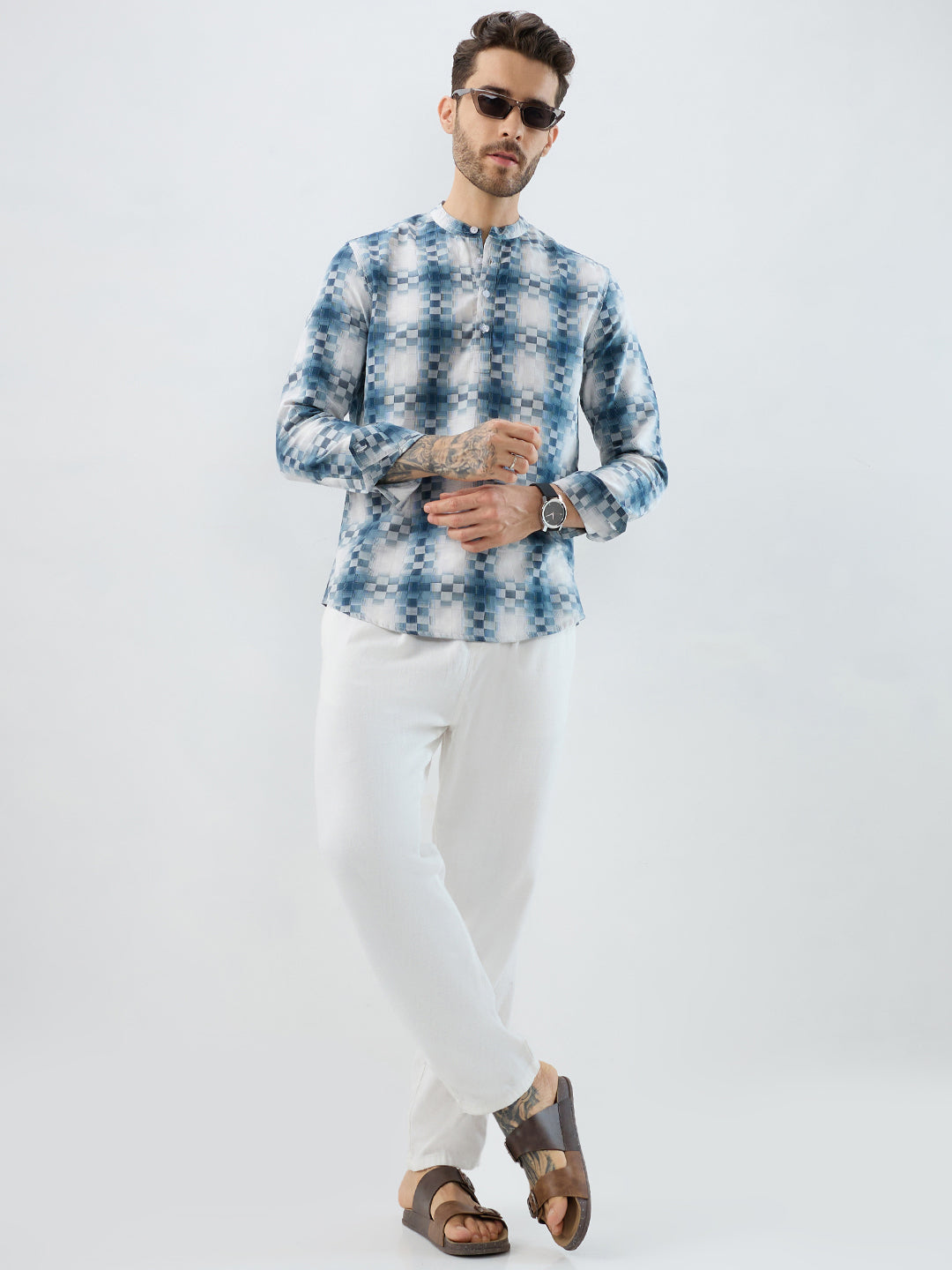 Teal Pixel Block Checks Kurta