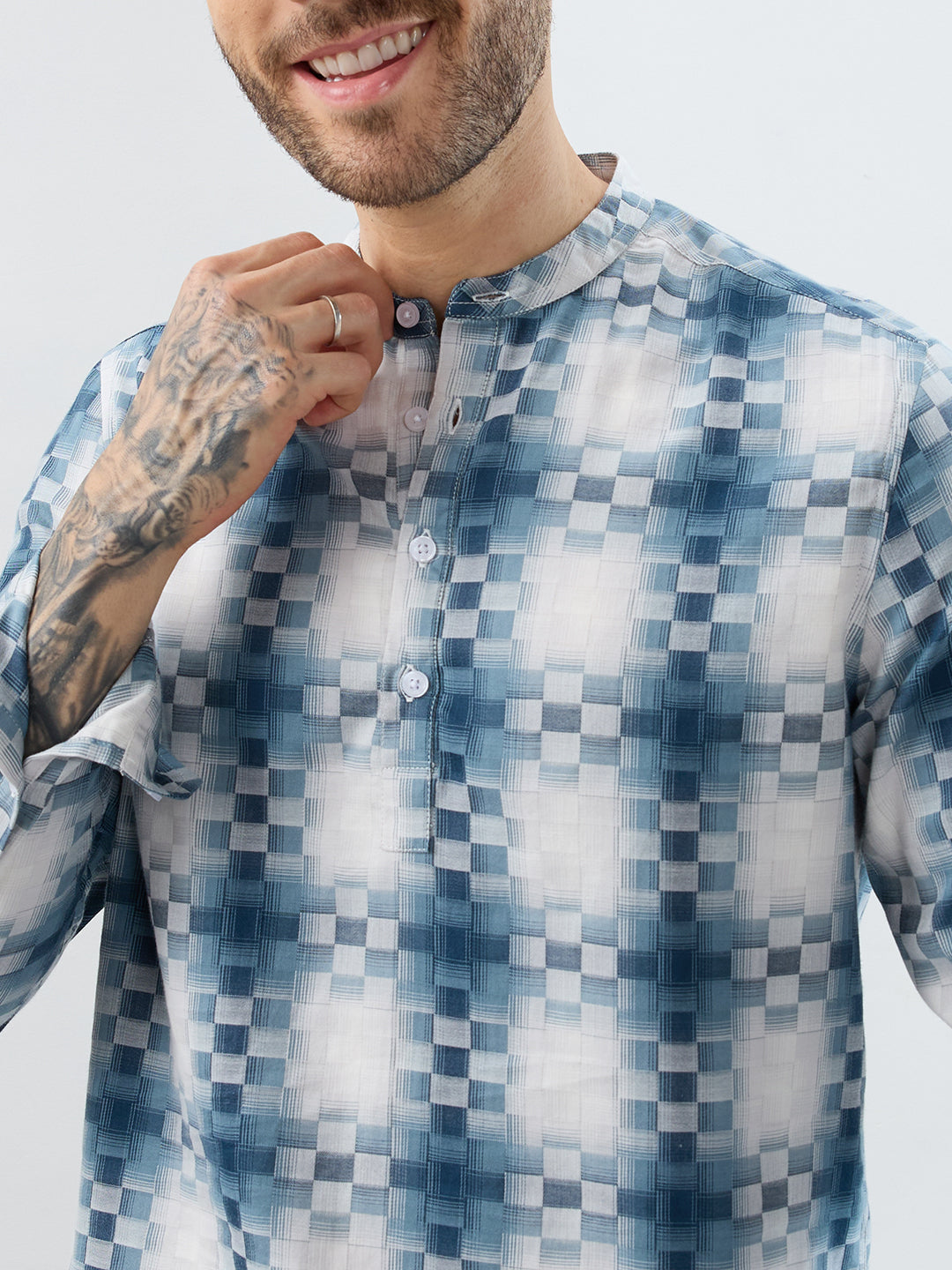 Teal Pixel Block Checks Kurta