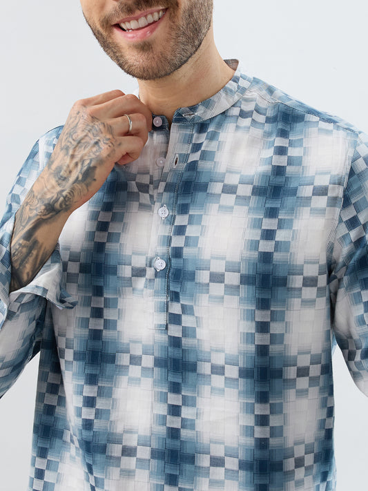 Teal Pixel Block Checks Kurta