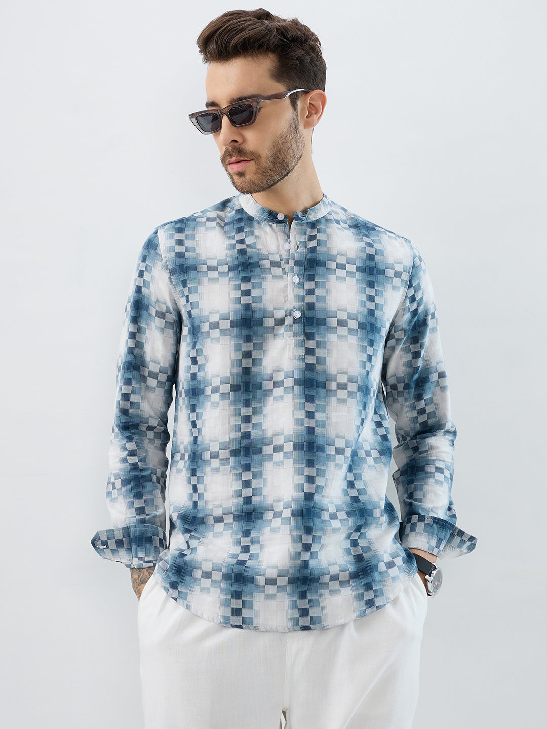 Teal Pixel Block Checks Kurta