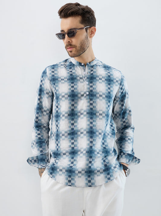 Teal Pixel Block Checks Kurta
