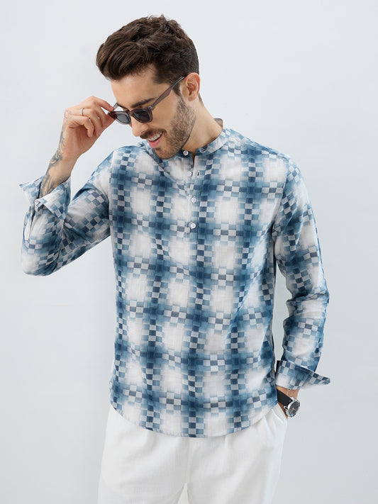 Teal Pixel Block Checks Kurta