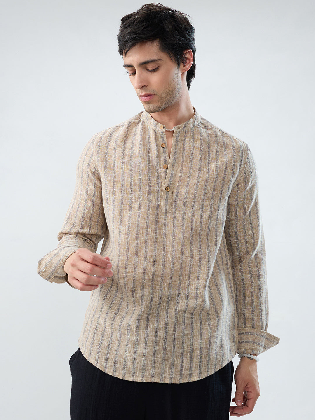 Minimalist Beige Multi-Stripe Burlap Linen Blend Kurta