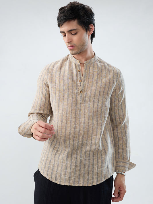 Minimalist Beige Multi-Stripe Burlap Linen Blend Kurta