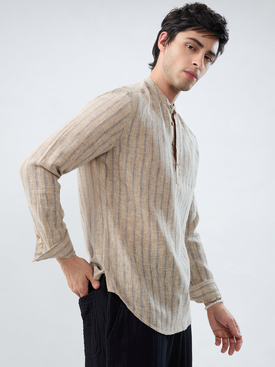 Minimalist Beige Multi-Stripe Burlap Linen Blend Kurta