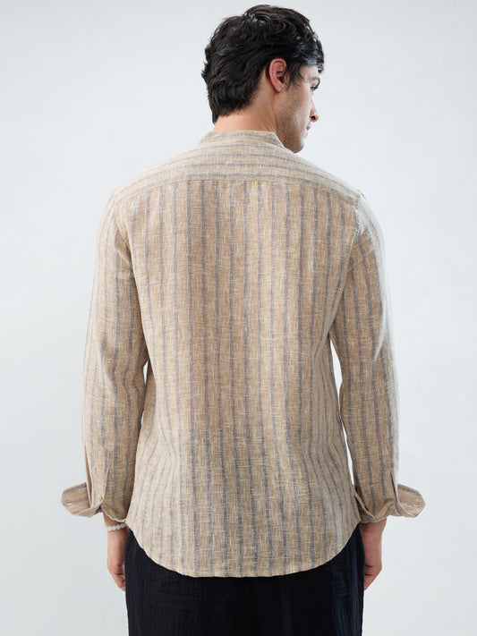 Minimalist Beige Multi-Stripe Burlap Linen Blend Kurta