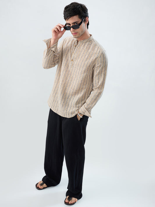 Minimalist Beige Multi-Stripe Burlap Linen Blend Kurta