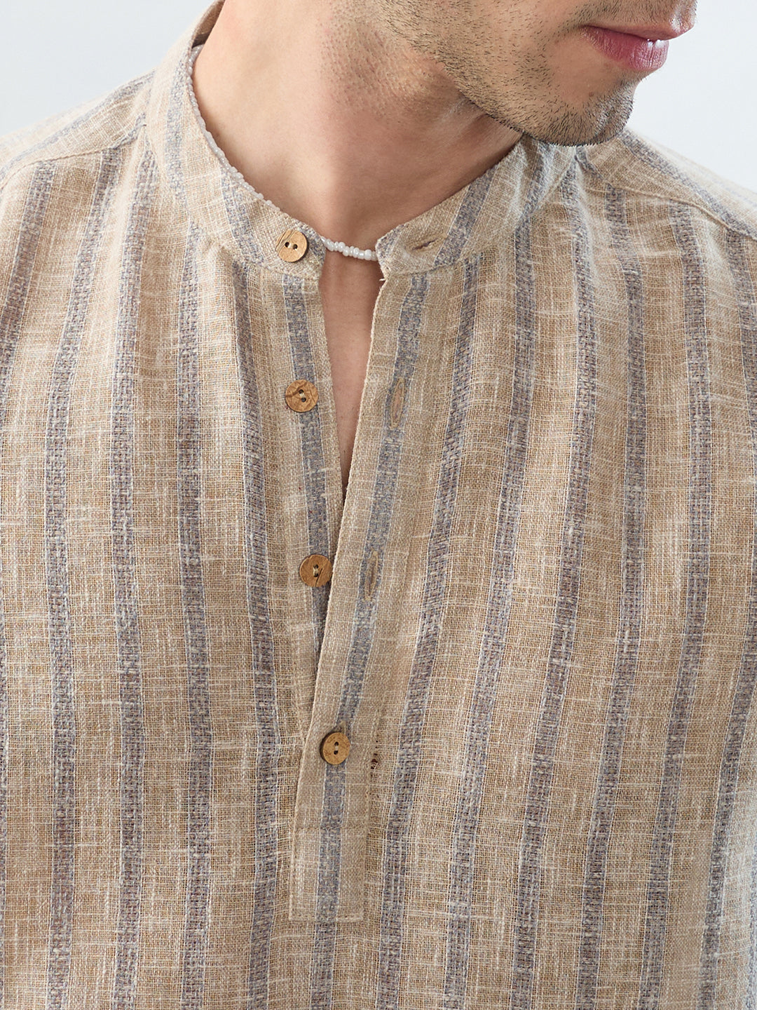 Minimalist Beige Multi-Stripe Burlap Linen Blend Kurta