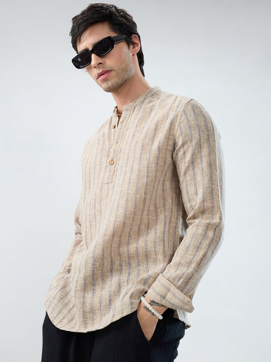Minimalist Beige Multi-Stripe Burlap Linen Blend Kurta
