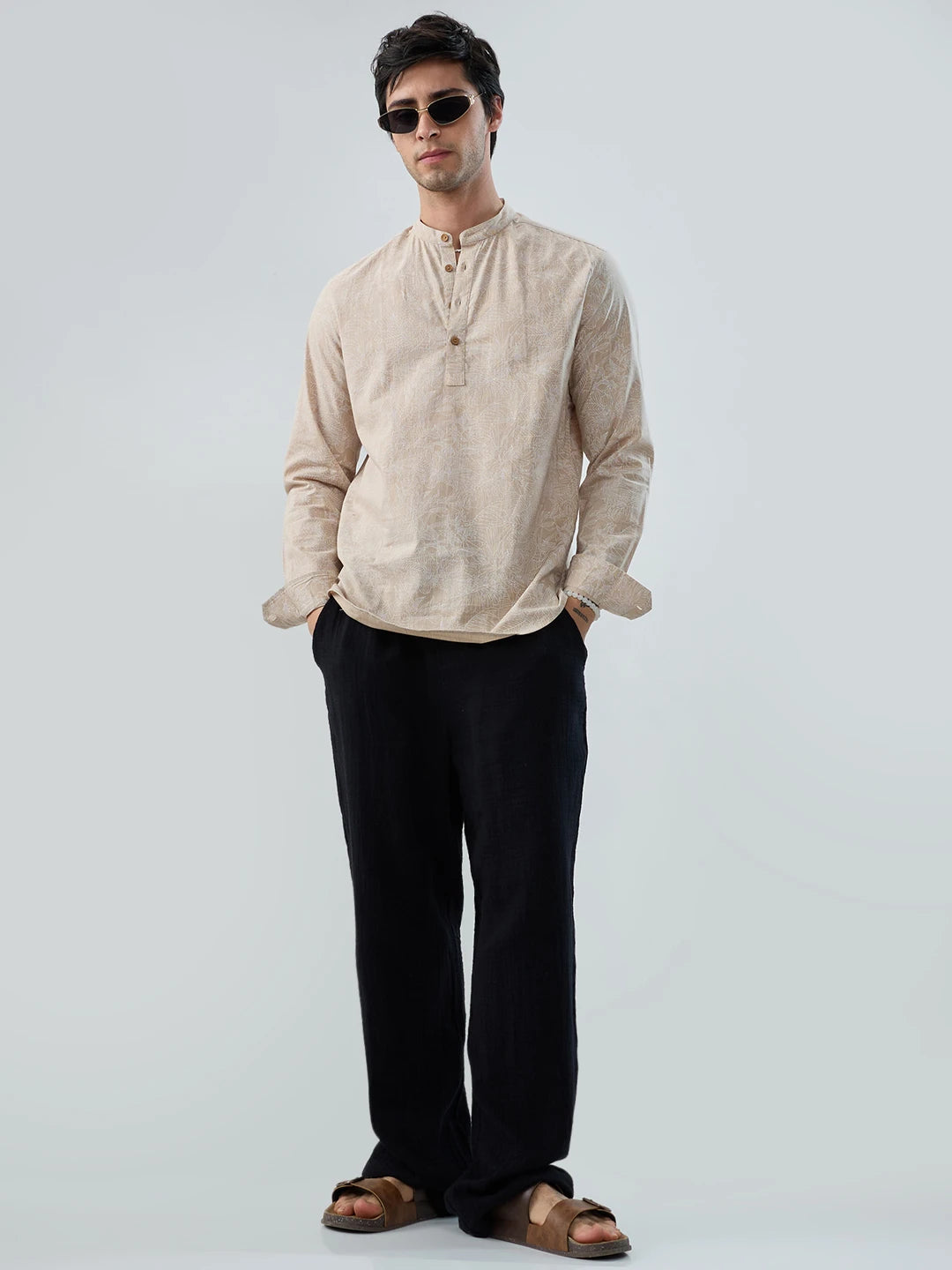 Natural Beige Floral Sketch Kurta