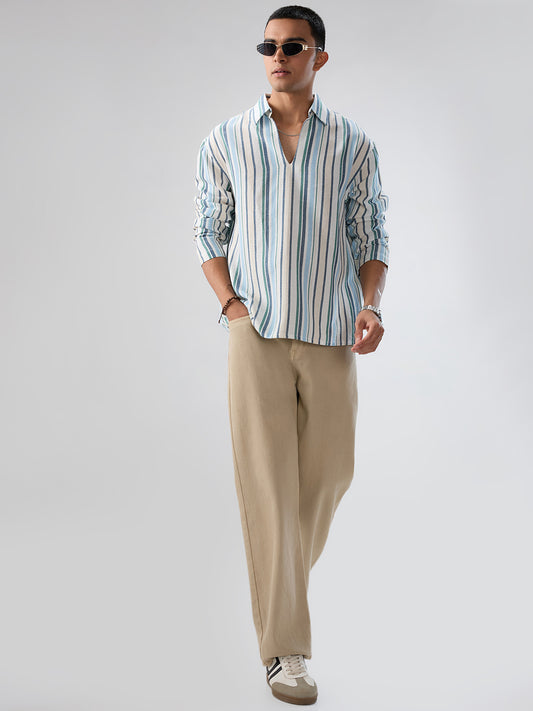 Coastal Blue Striped Oversized Polo Shirt