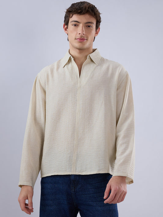 Sand Beige Crinkled Center Seam Oversized Polo Shirt
