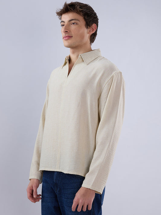 Sand Beige Crinkled Center Seam Oversized Polo Shirt