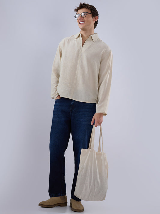 Sand Beige Crinkled Center Seam Oversized Polo Shirt