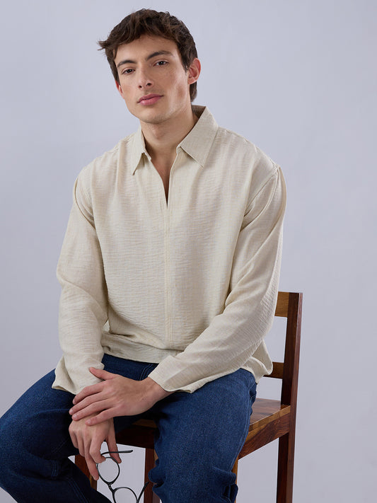 Sand Beige Crinkled Center Seam Oversized Polo Shirt