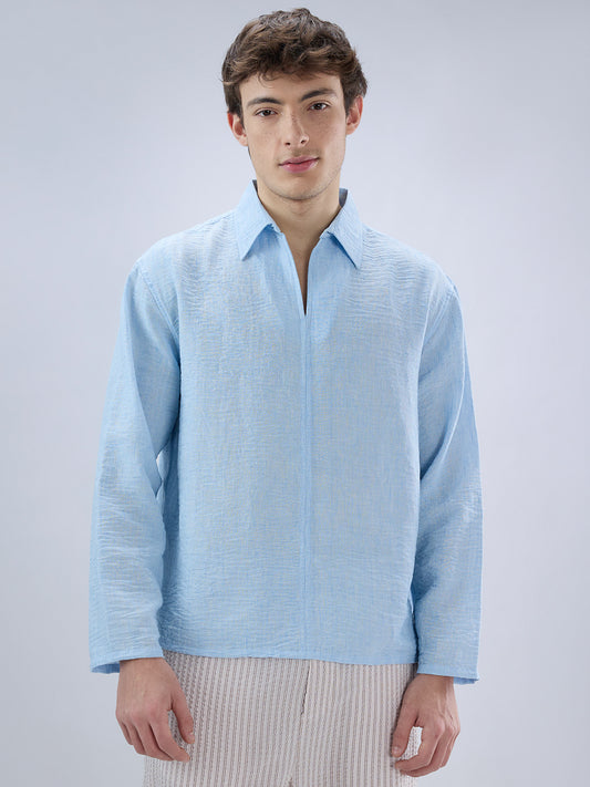 Sky Blue Crinkled Center Seam Oversized Polo Shirt