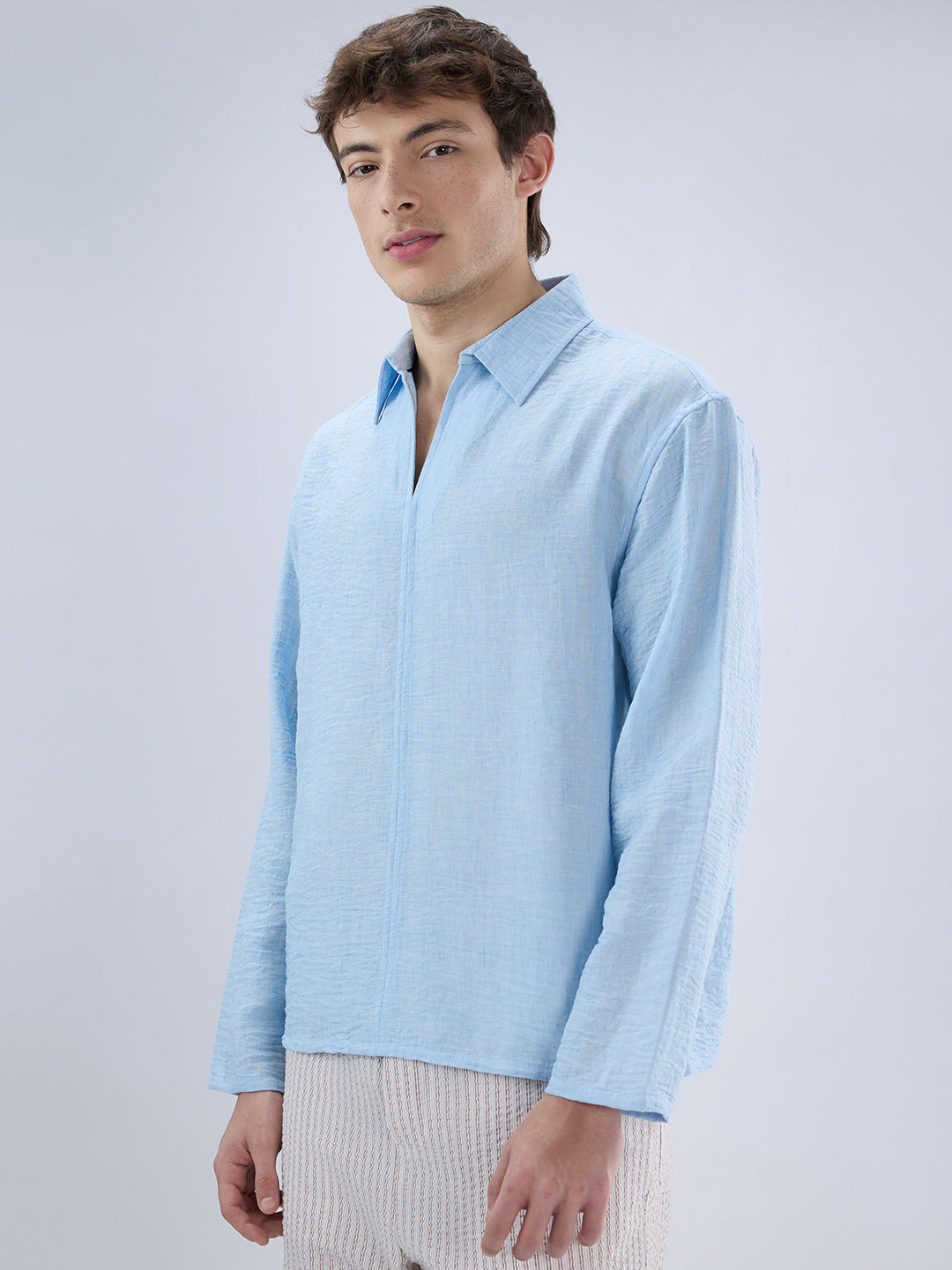 Sky Blue Crinkled Center Seam Oversized Polo Shirt