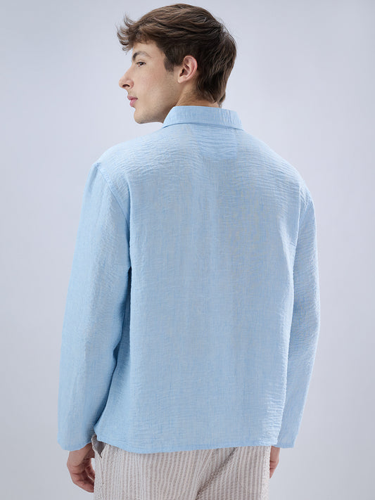 Sky Blue Crinkled Center Seam Oversized Polo Shirt