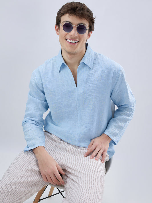 Sky Blue Crinkled Center Seam Oversized Polo Shirt