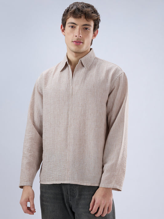 Tan Beige Crinkled Center Seam Oversized Polo Shirt