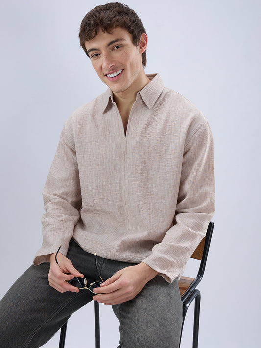 Tan Beige Crinkled Center Seam Oversized Polo Shirt