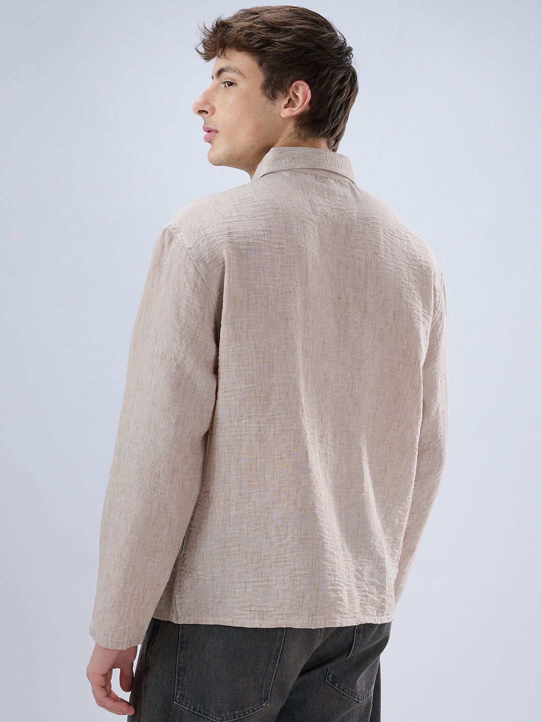 Tan Beige Crinkled Center Seam Oversized Polo Shirt