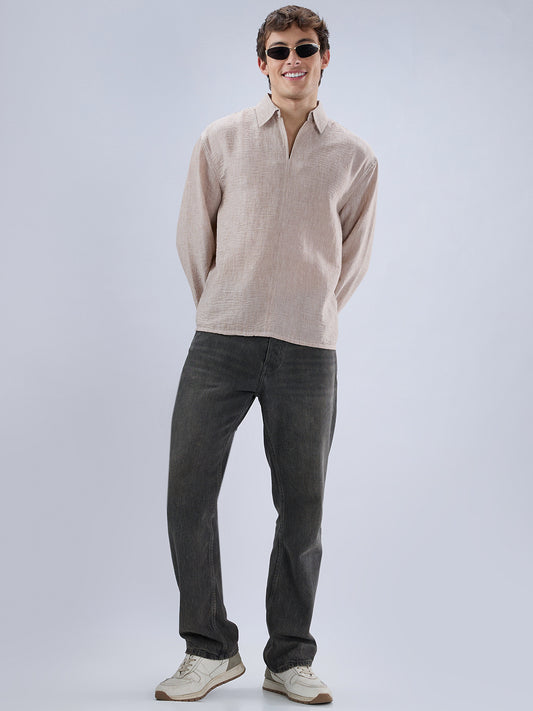 Tan Beige Crinkled Center Seam Oversized Polo Shirt