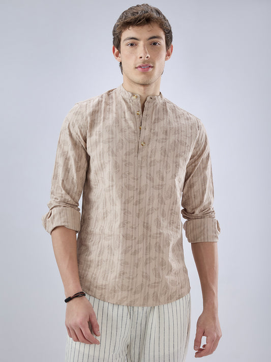 Elegant Beige Leaf Printed Striped Kurta
