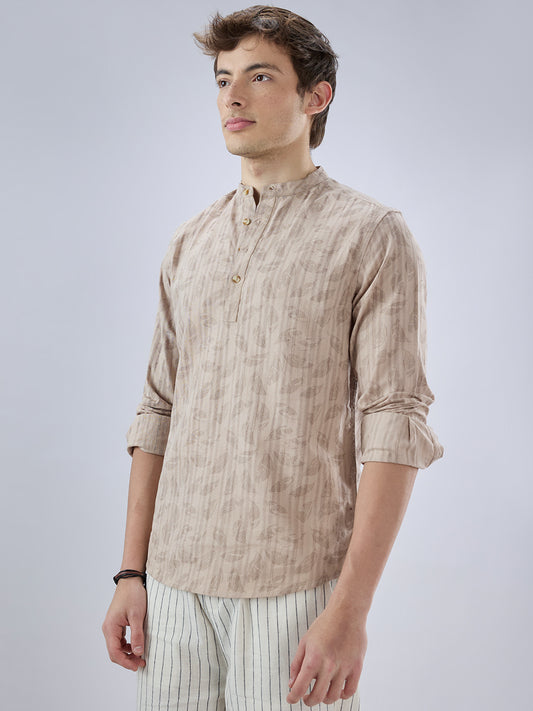 Elegant Beige Leaf Printed Striped Kurta