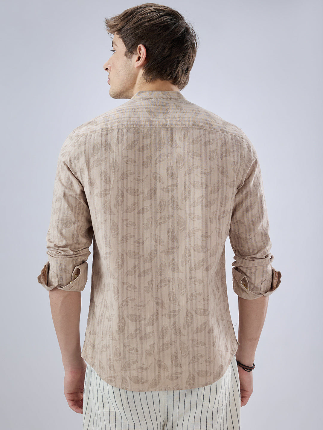 Elegant Beige Leaf Printed Striped Kurta