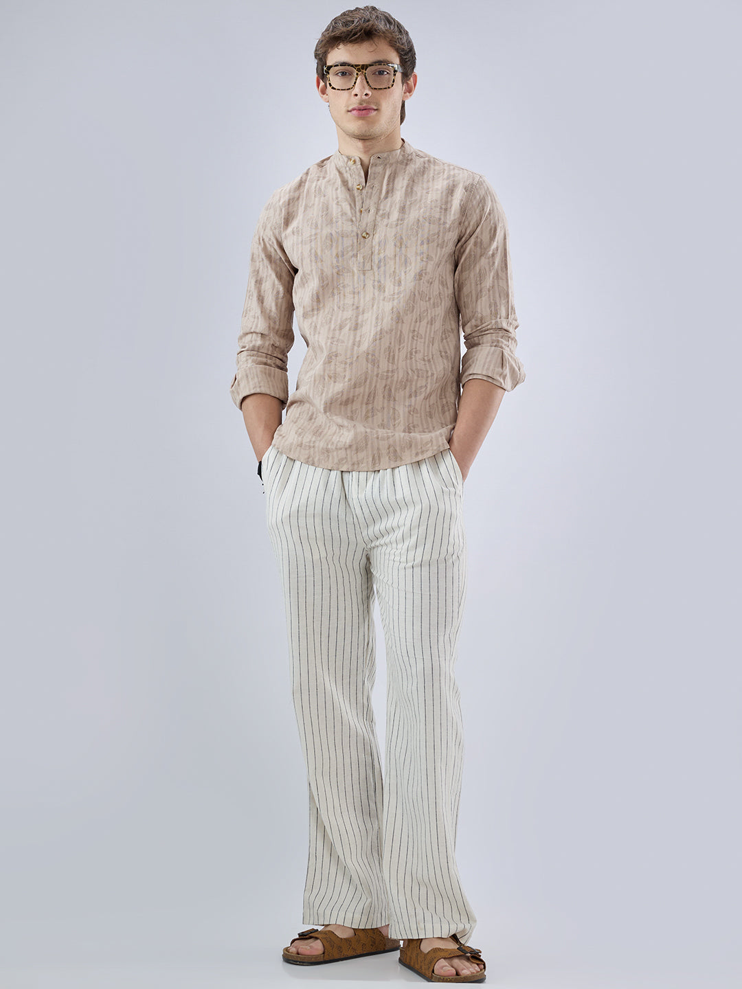 Elegant Beige Leaf Printed Striped Kurta