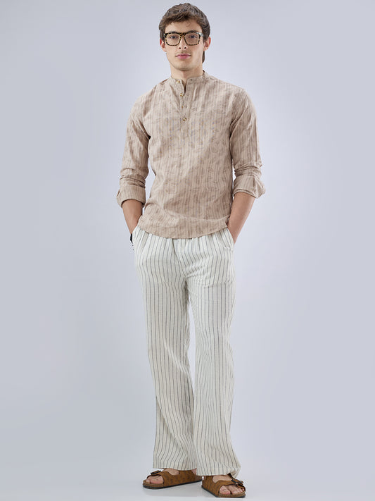 Elegant Beige Leaf Printed Striped Kurta