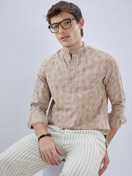 Elegant Beige Leaf Printed Striped Kurta