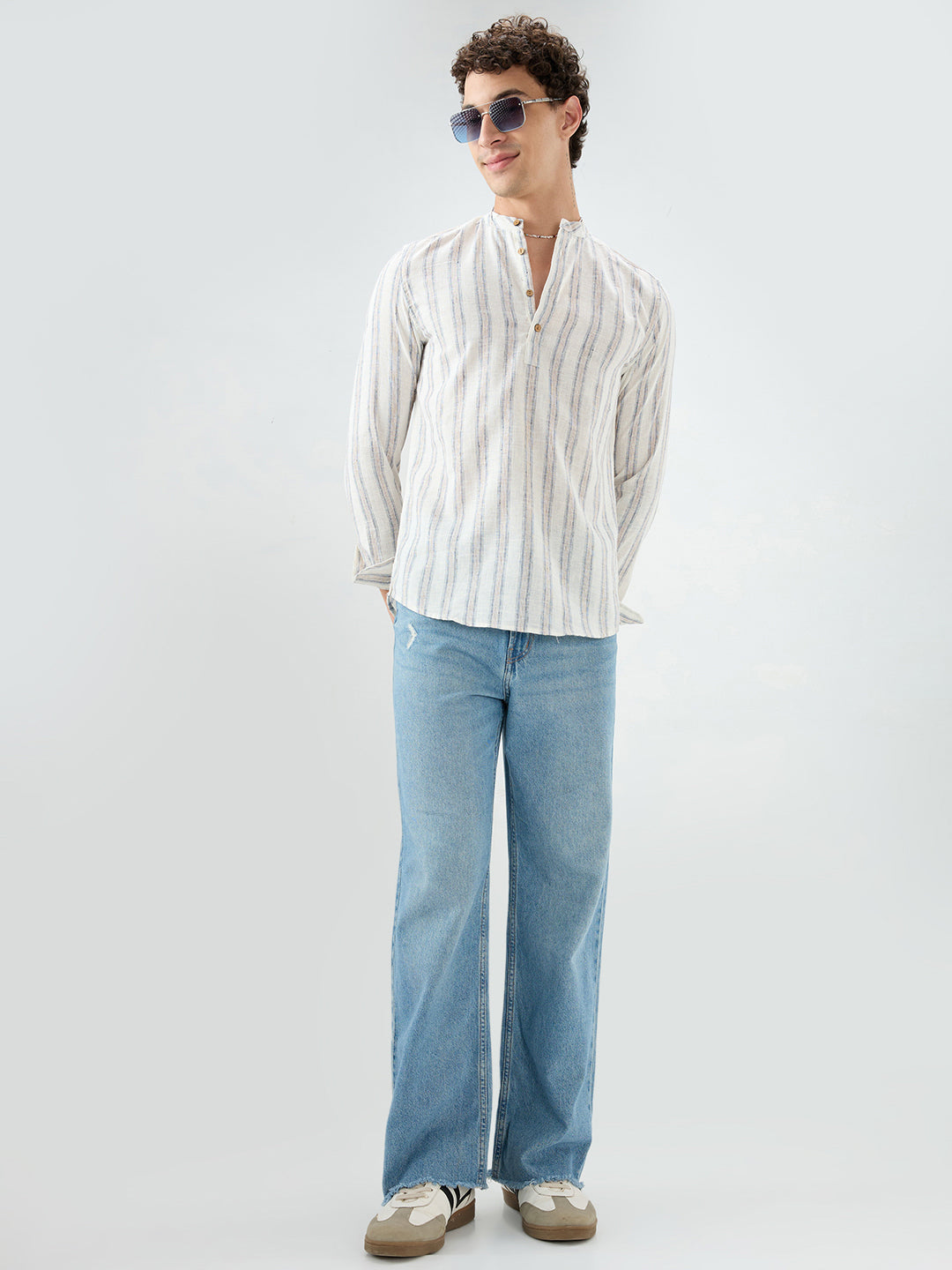 Ivory & Navy Multi-Line Vertical Striped Kurta