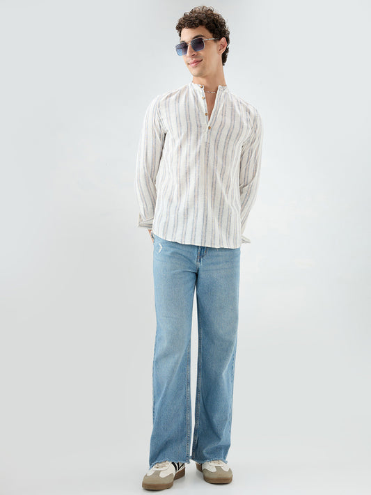 Ivory & Navy Multi-Line Vertical Striped Kurta