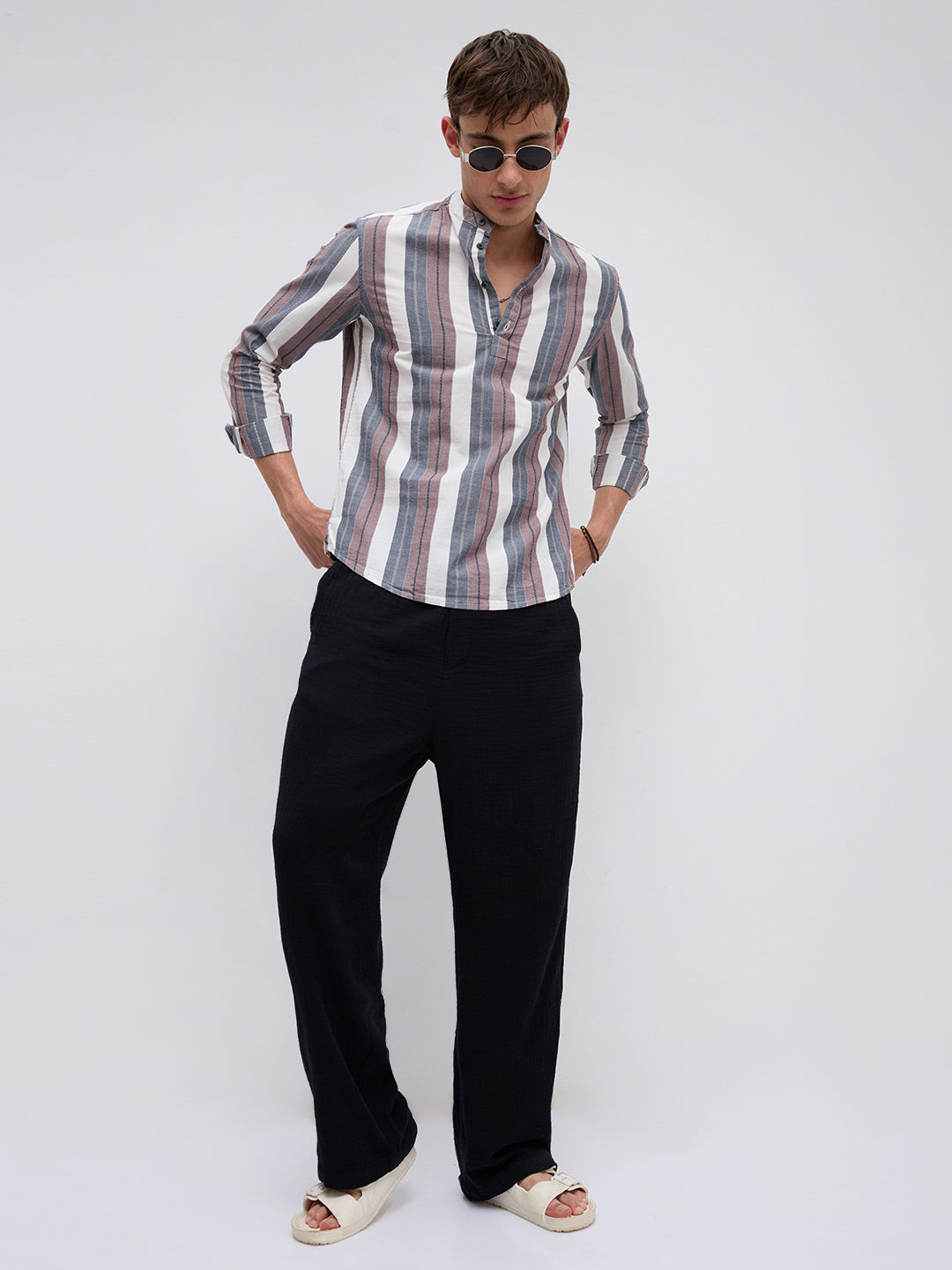 Refined White & Grey Broad Striped Kurta