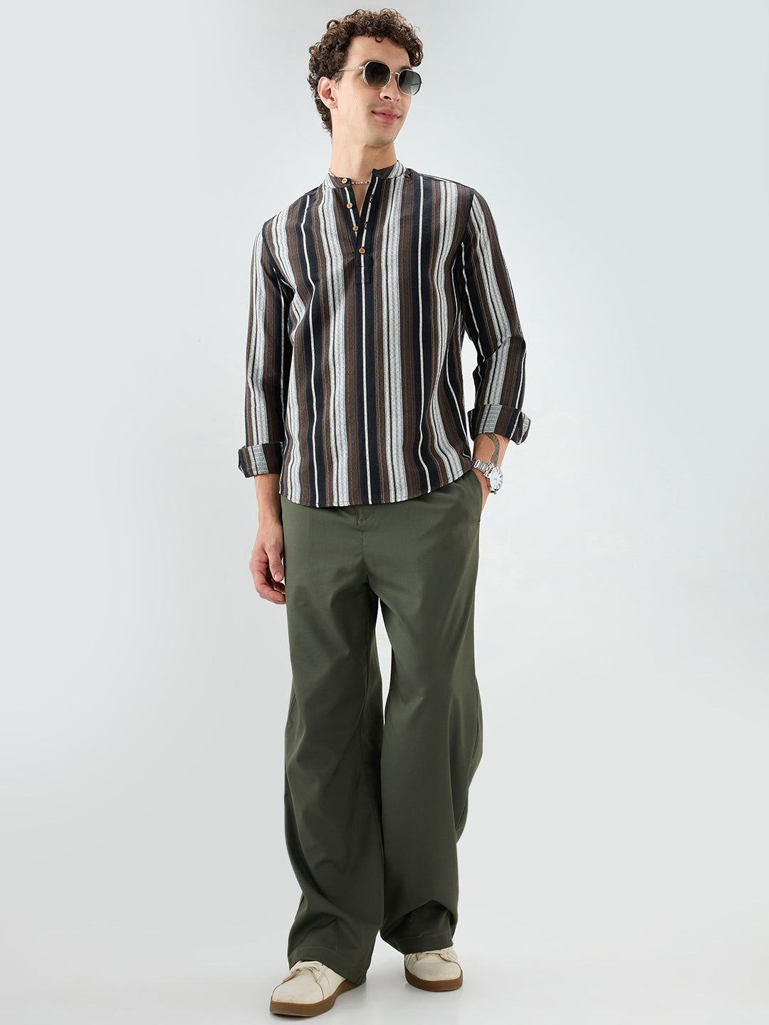 Black Graphic Weave Contrast Stripe Kurta