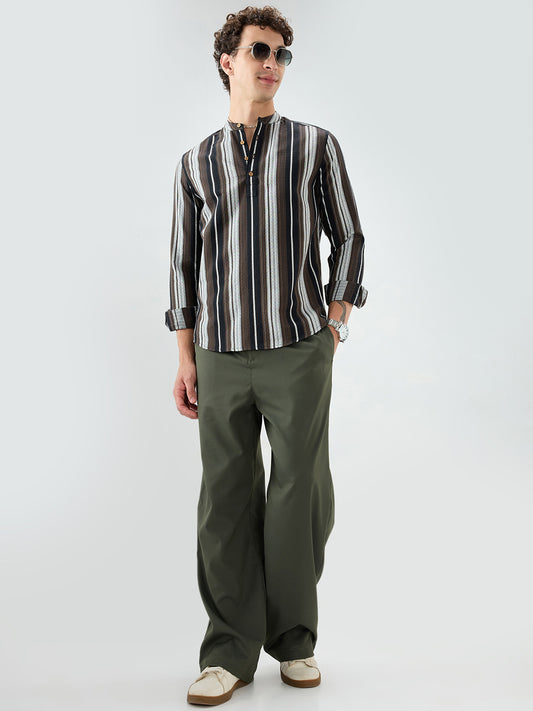 Black Graphic Weave Contrast Stripe Kurta