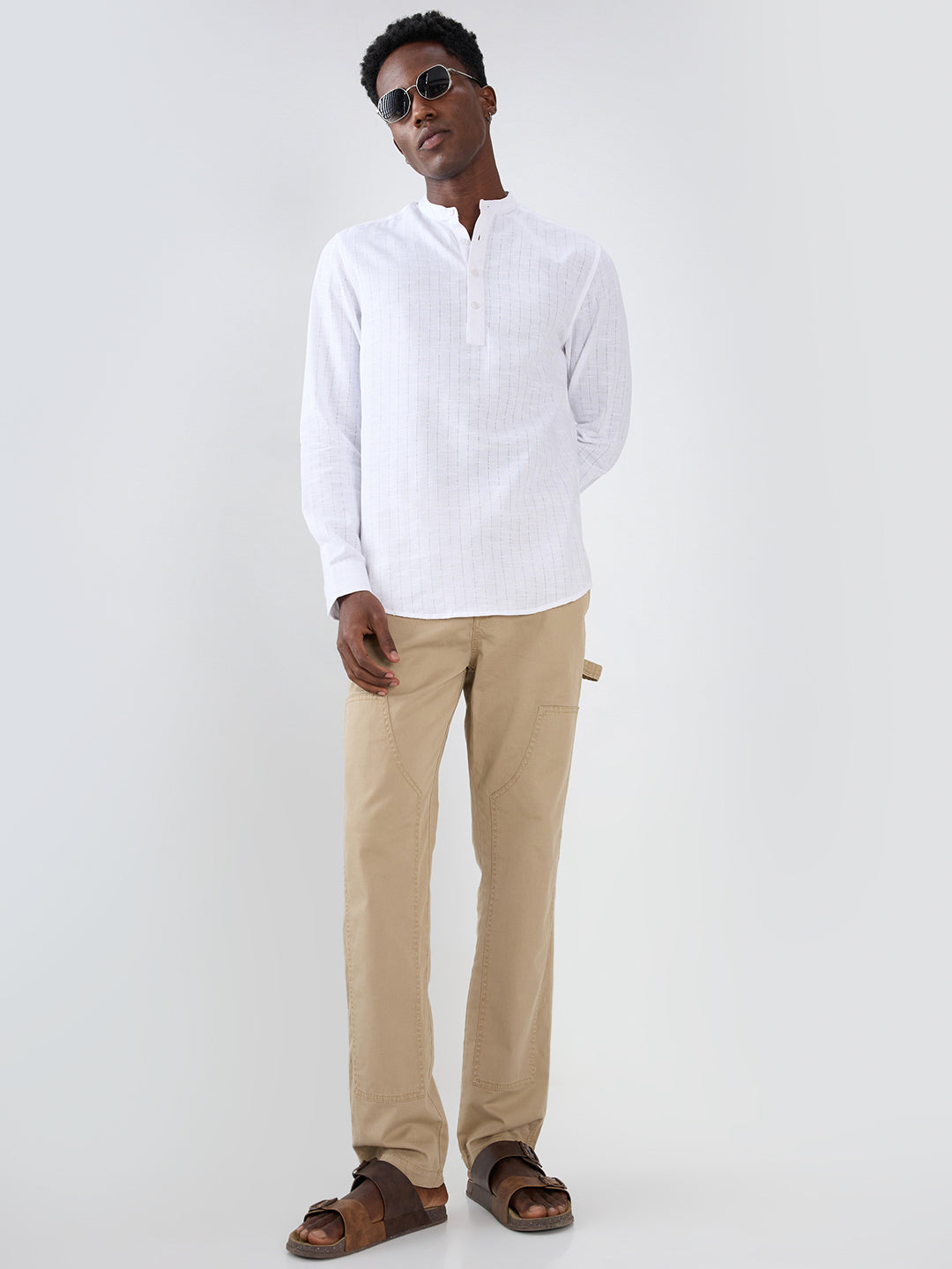 Pearl White Ladder Striped Subtle Textured Kurta